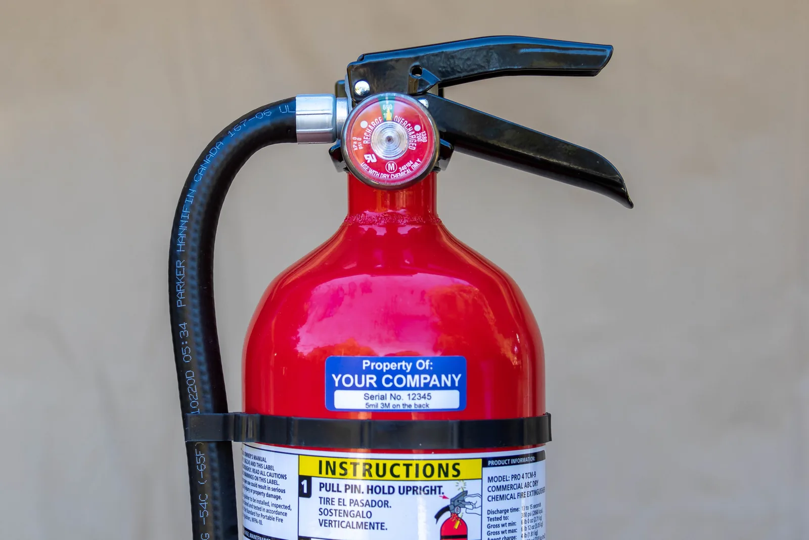 Strong Asset Tag on a fire extinguisher