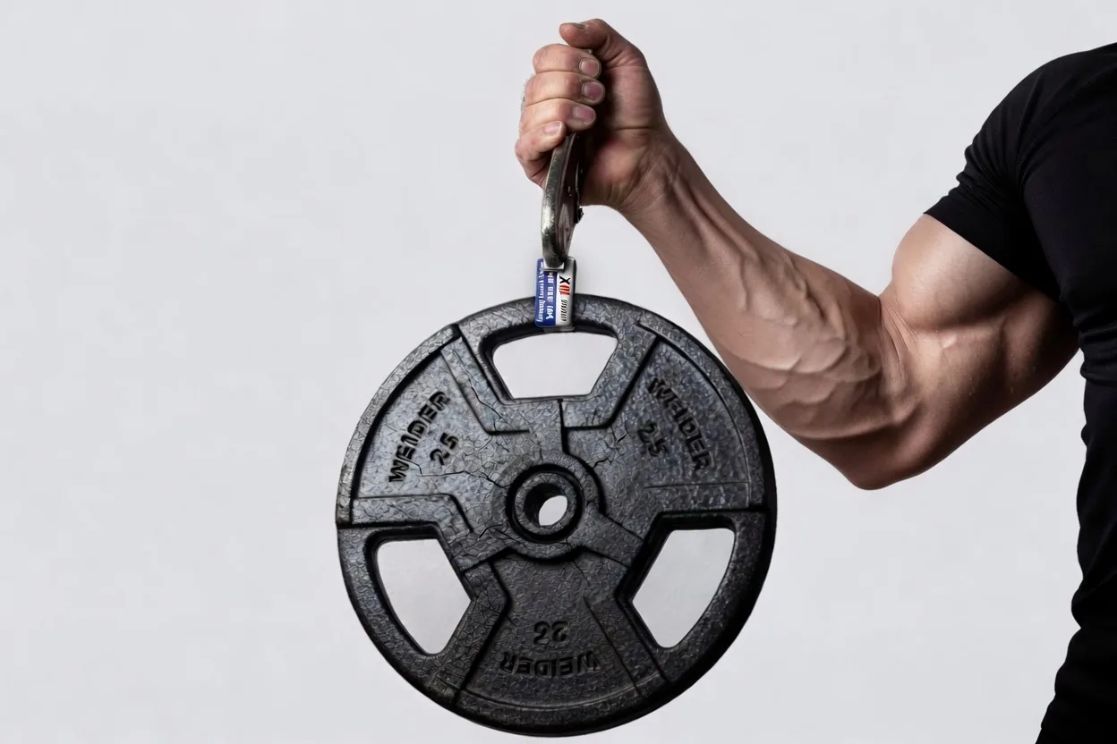 25 lb weight plate suspended from a Strong Asset Tag's adhesive bond