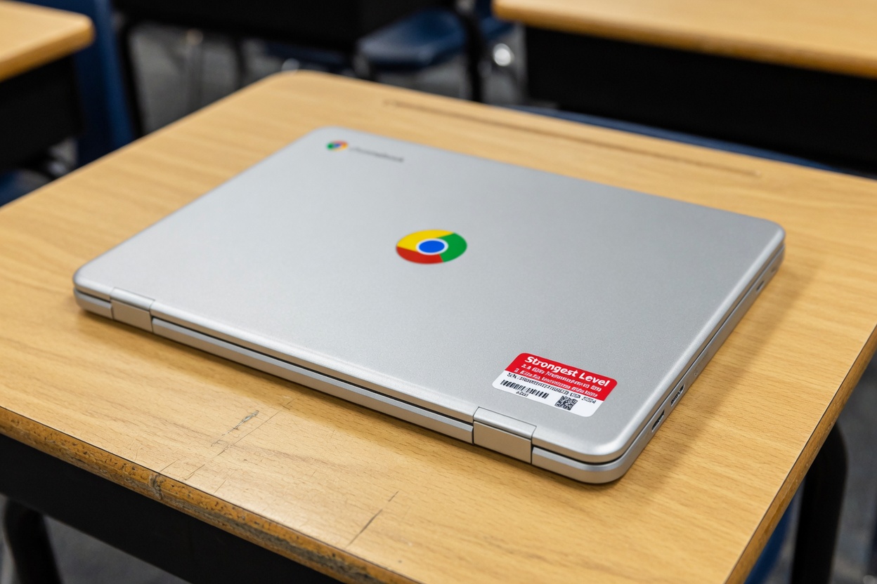 Stronger tier asset tag on a school district Chromebook lid