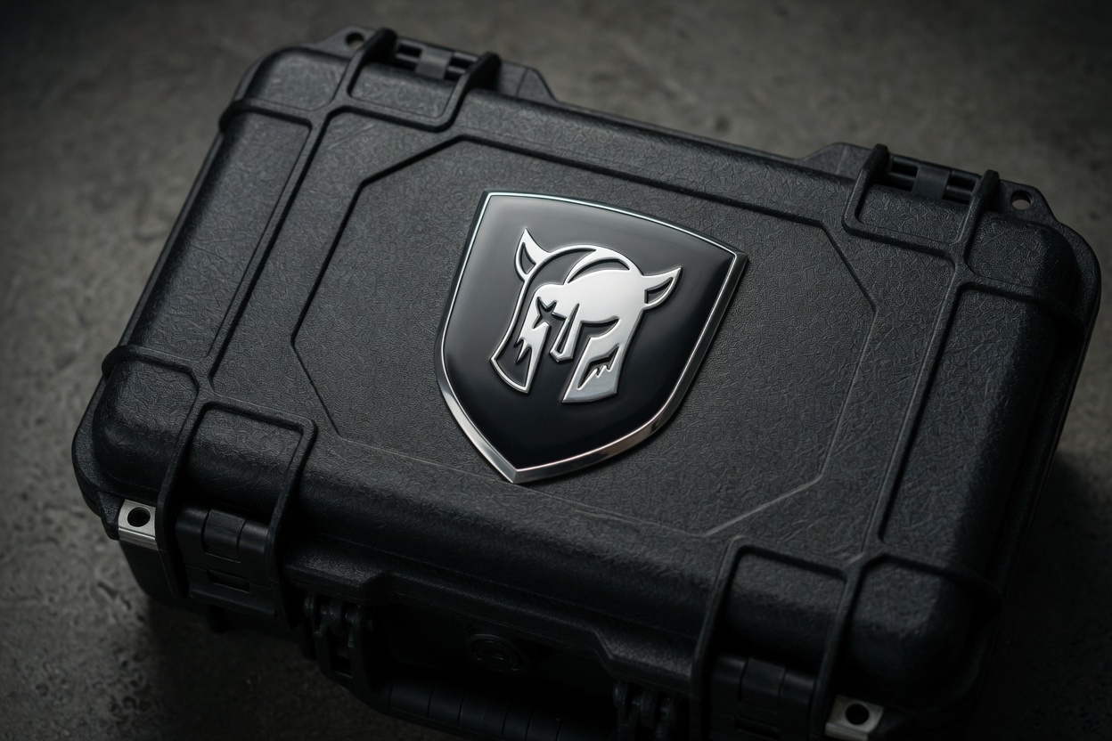 Domed shield nameplate on a tactical hardcase