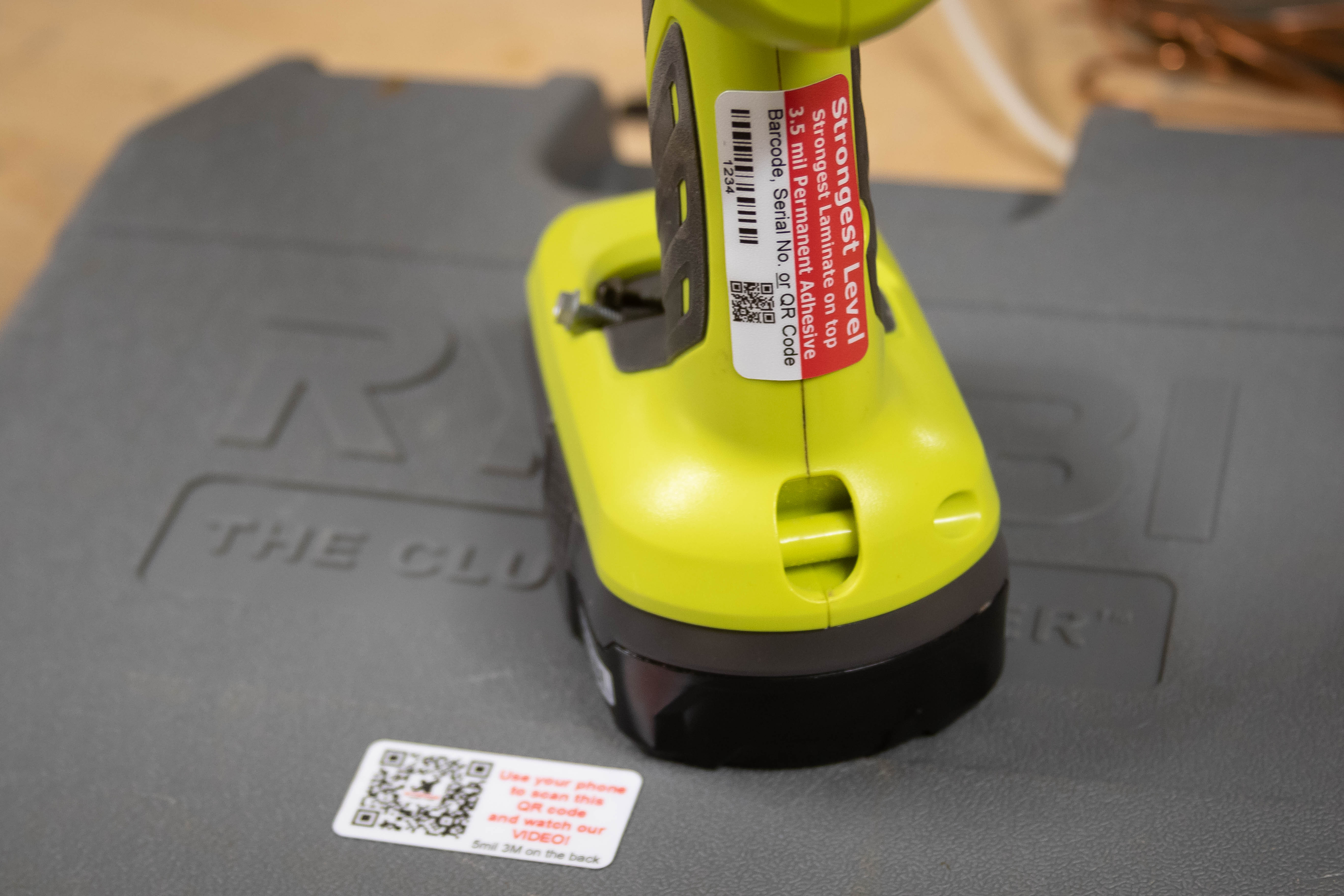 Strongest Level tag on a Ryobi drill in the shop